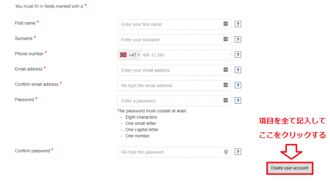 項目を全て記入して『Create user account』をクリック