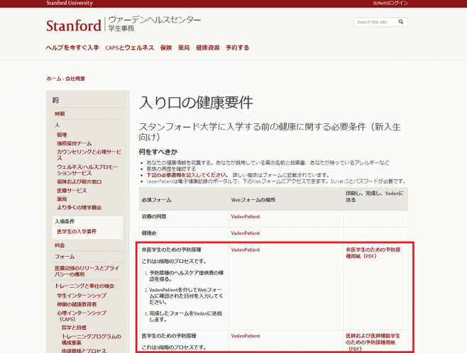 スタンフォード大学における予防接種の要項